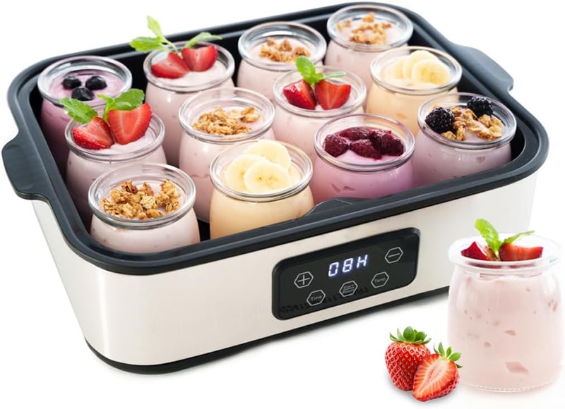 Collier Kitchen Automatic Yogurt Maker | 12 Glass Jars 180ml, Digital Timer & Temp Control | Stainless Steel Greek Yogurt Machine with Auto Shut-Off for Homemade Healthy Probiotic Snacks - Image 1